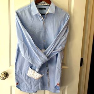 Hammer Made Mens 44/17.5 Cotton Button Down Down Light Blue with Poker Pattern